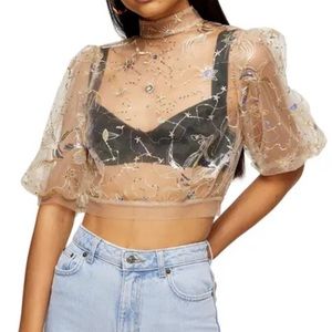 NWT Topshop Mystical Sequin & Embroidered Mesh Crop Top In Nude size 6 US